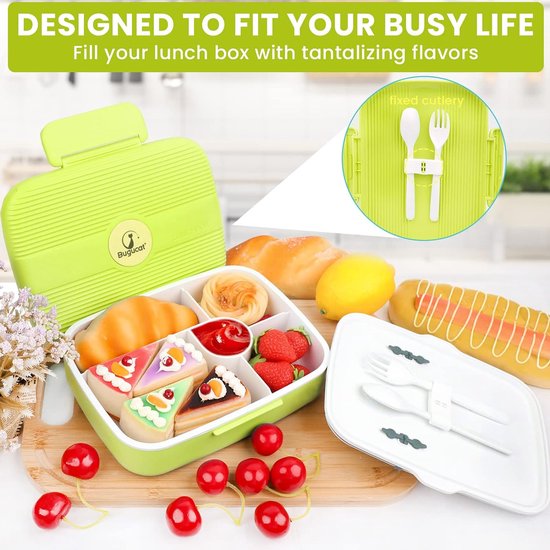 Bugucat Lunchbox Kind Met Compartimenten 1300ML, Lekvrije Bento Lunchbox Met Bestekset, Broodtrommel Voor School, Microwavable Lunch Box Voor Meisjes, Jongens En Volwassenen,Roze