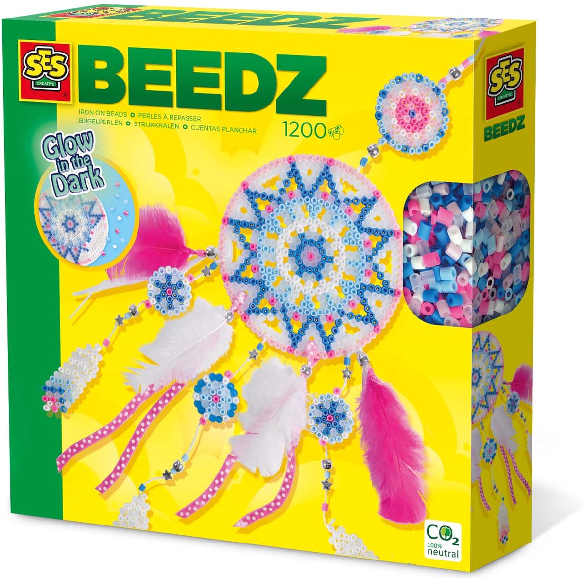SES Beedz - Strijkkralen met legbord - grondplaat, 1200 strijkkralen en strijkvel - dromenvanger - glow in the dark - met draad, kralen, veren en lint - PVC vrij