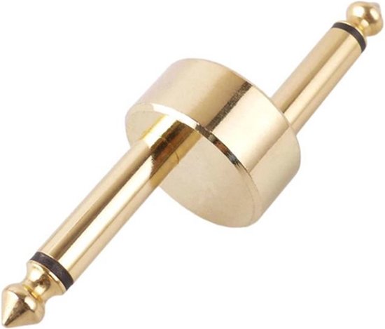Gouden 6,35 mm Z-type pedaalconnector. Twee pluggen met gouden tips en zwarte ringen, verbonden door een cilindrische body.