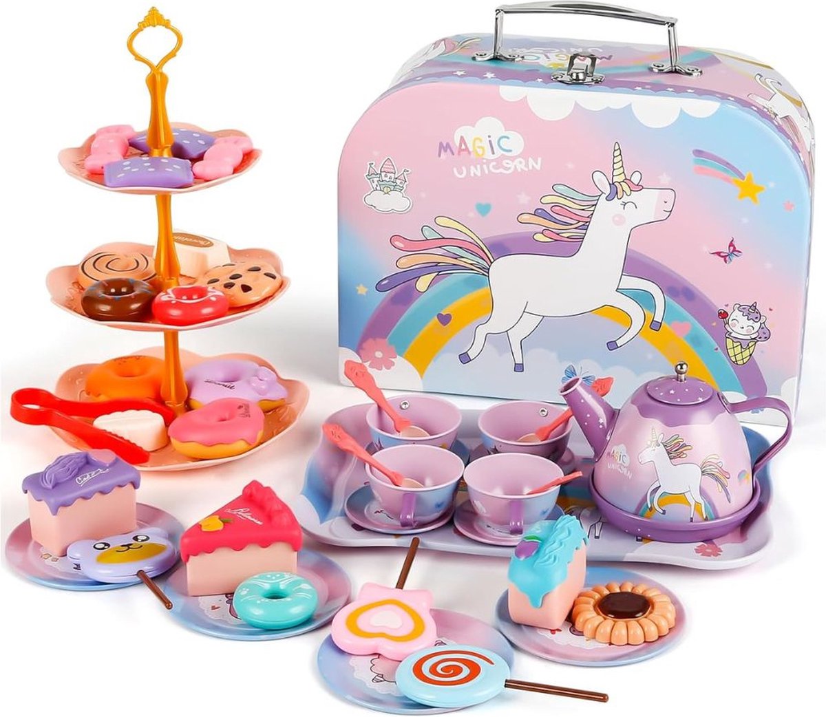 Dailysupplies Theeservies Speelgoed voor Kinderen Kinderspeelgoed 1 2 3 Jaar en Ouder Meisjes en Jongens Paarse Eenhoorn Set