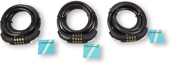 Set van 3 Cijferslot Fiets - Code Kabelsloten voor Electrische Fietsen - Kunststof en Rubber - 180cm x 10mm - Zwarte Fietsaccessoires