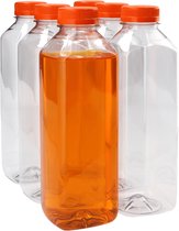 6x Sapfles Plastic 750 ml - Mini - PET Flessen met Oranje Dop, Sapflessen, Plastic Flesjes Navulbaar, Smoothie Sap Fles - Kunststof BPA-vrij - Rond - Set van 6 Stuks