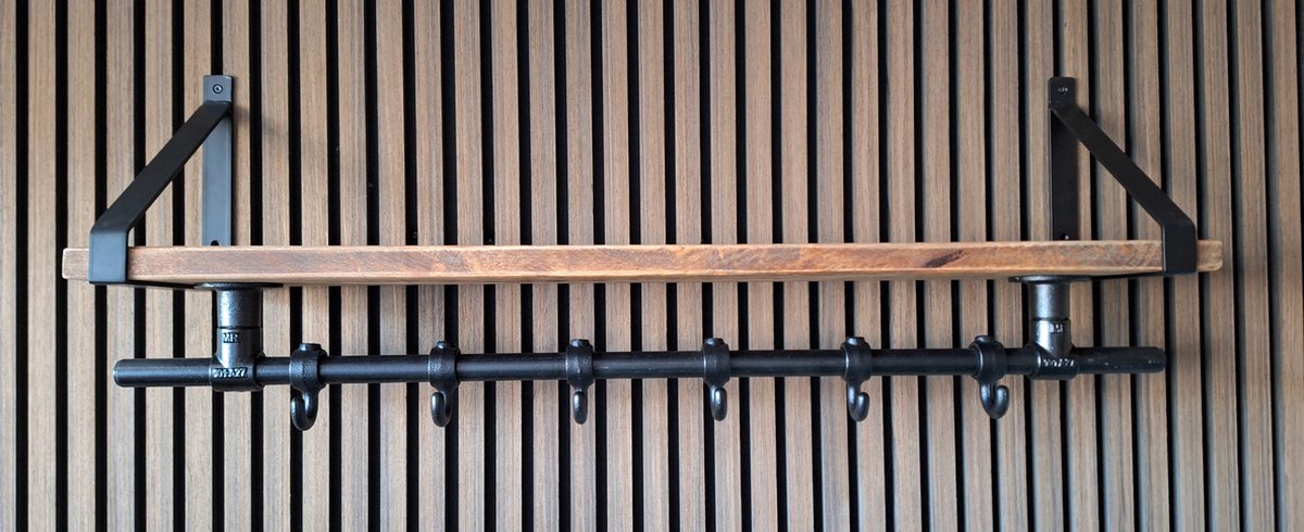 Hoexs - Wandkapstok Industrieel - Kapstok met Bovenplank - Mangohout - 90 Cm - 6 Haken - Metalen plankdragers Zwart - Decoratie - Inclusief Bevestiginsmateriaal