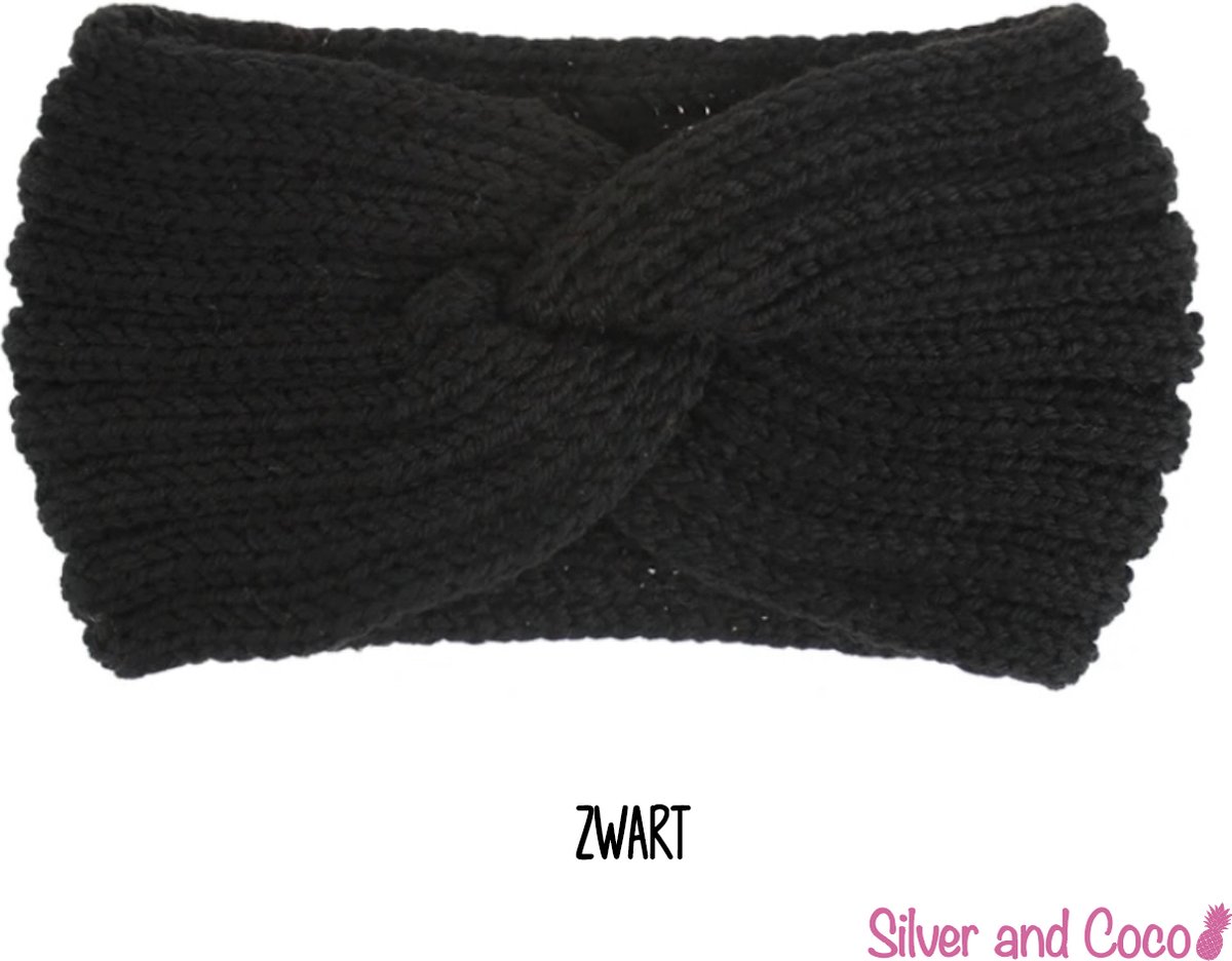 SilverAndCoco® - Winter Haarband Dikke Warme Fluffy Elastische Hoofdband Gedraaid Wol / Geribbelde Wollen Brede Haarbanden Dames / Zachte Zwarte Warm Bonten Elastische Meisjes Knoop Breed - Zwart