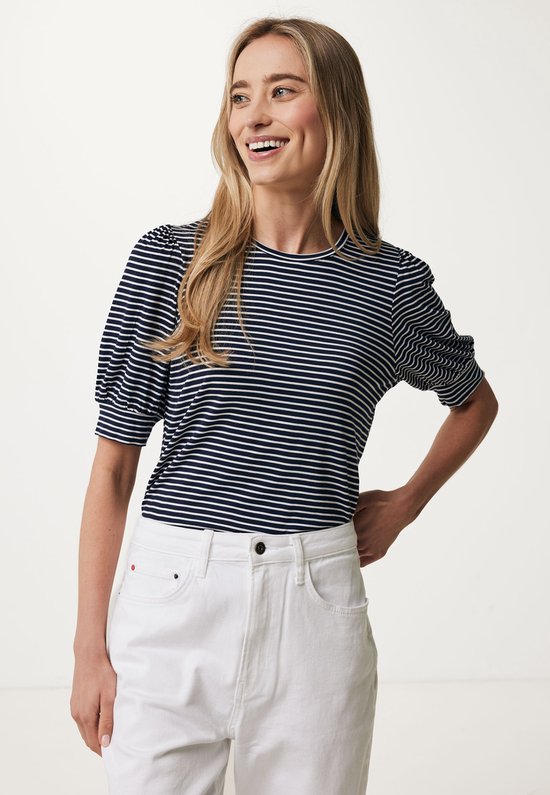 Short Sleeve T-shirt With Stripe AOP Dames - Navy - Maat S