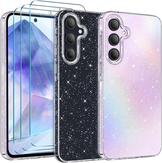 Samsung Galaxy A55 5G - Bumper Siliconen Antichoc - Coque Glitter - 3 Protecteurs d'écran - Coque Back Cover - Transparent