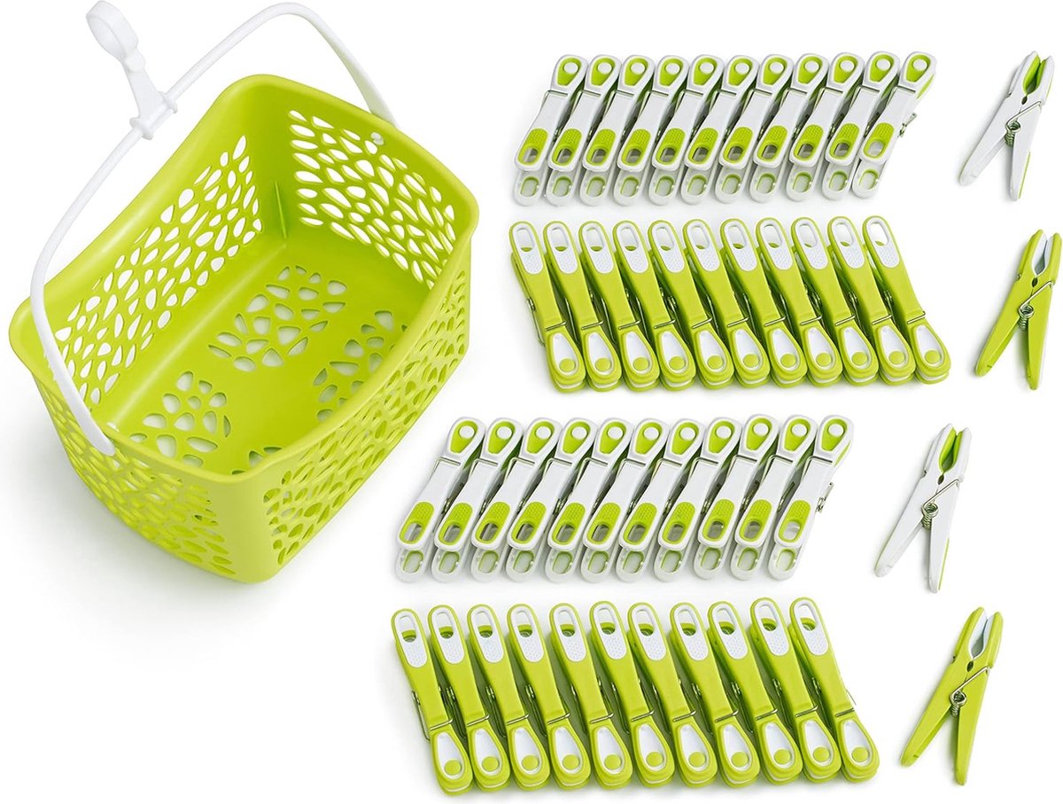 Wasknijpers Ecoline met mand (48 stuks met mand, groen-wit/wit-groen, mand groen, handvat wit)
