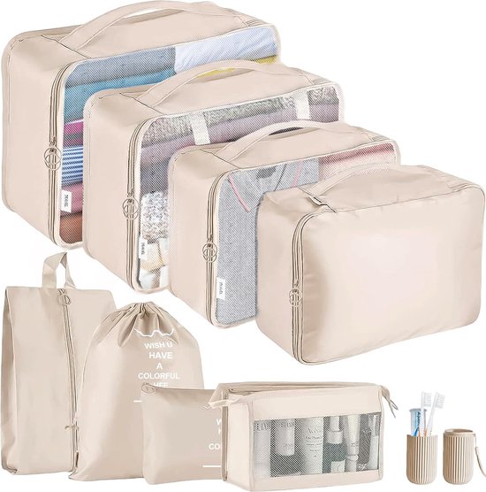 Pakkubussen voor koffer, 9 stuks, bagage, organizer voor rugzak, waterdichte reisbenodigdheden, reisaccessoires (9 stuks, beige)