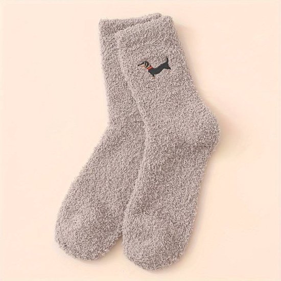 Warme Sokken met Teckelborduurwerk - Fleece Dikke Thermische Sokken - Dachshund - One size fits all - Vloersokken - Kaki