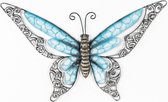 Anna Collection Wanddecoratie vlinders - 2x - blauw/rood - 36 x 21 cm - metaal - muurdecoratie - tuin beelden