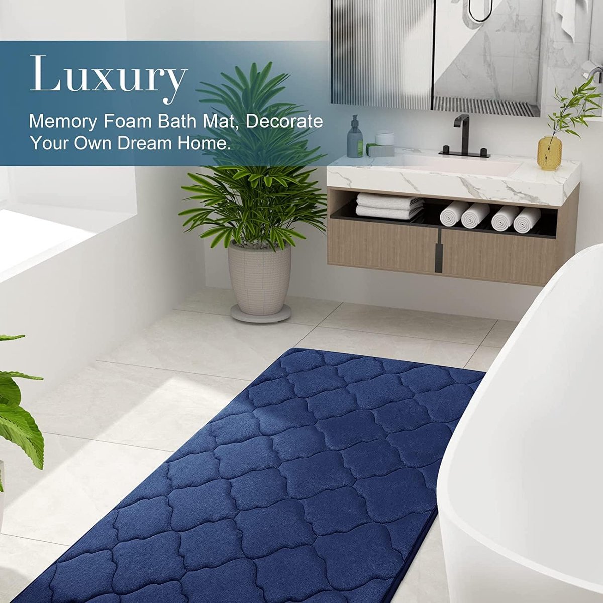 Memory Foam Badkamermat, antislip, zachte badmat, absorberend, wasbaar, onderhoudsarm, 50 x 80 cm, marineblauw