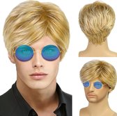 Blonde korte herenpruik met krullen en zonnebril - voor boyband kostuum - jaren 70 80 disco - Halloween carnaval