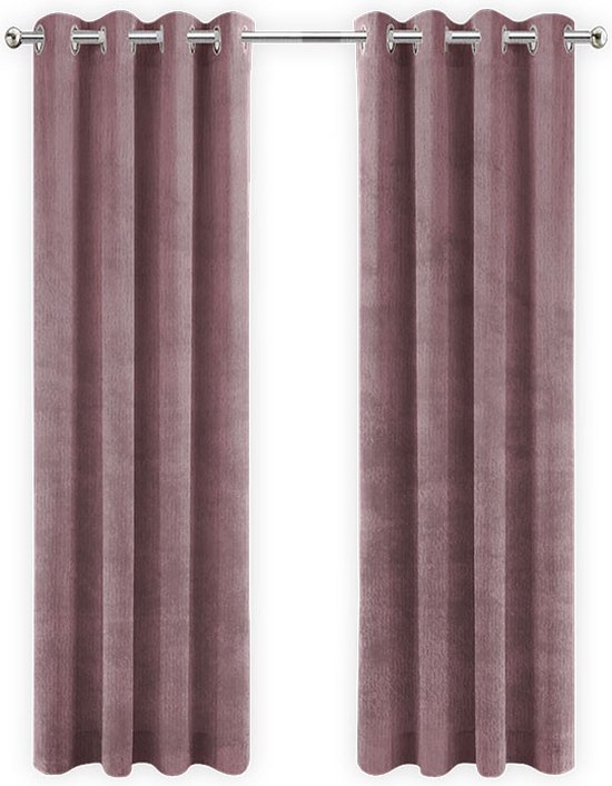 Gordijnen Roze Velvet Kant en klaar 140x175cm - Kant en klare gordijnen met ringen Velours - Fluwelen Verduisterende gordijnen