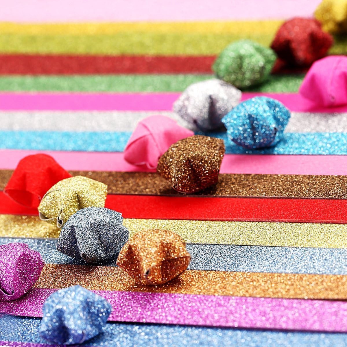 Glitter Papierstroken in 10 kleuren - 520 stuks - Origami Papier voor vouwen van gelukssterren - 1CMx24CM - Lucky Stars/Muizentrappetjes — afbeelding 2