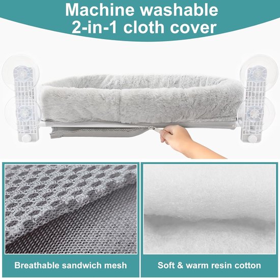 Kat raambed katten hangmat inklapbare vensterligstoel voor katten met sterke zuignap, 2 afneembare, wasbare stoffen hoezen, 52 x 30 cm, beige mesh grijs fluweel