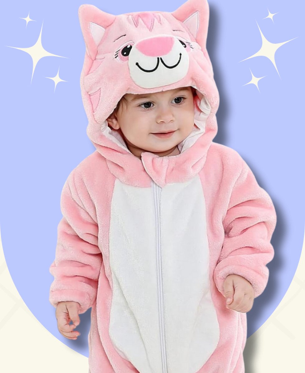 BoefieBoef Dieren Kleuter Onesie Peuter Pyjama Kinderen – Verkleedkleding met Luierrits – Carnaval Dierenpak - Kerst Cadeau- Zacht Flanel - Baby Romper - Boxpak - Jongens - Meisjes - Kruippak - Winterpak - Poes Roze Kat Cat — afbeelding 6