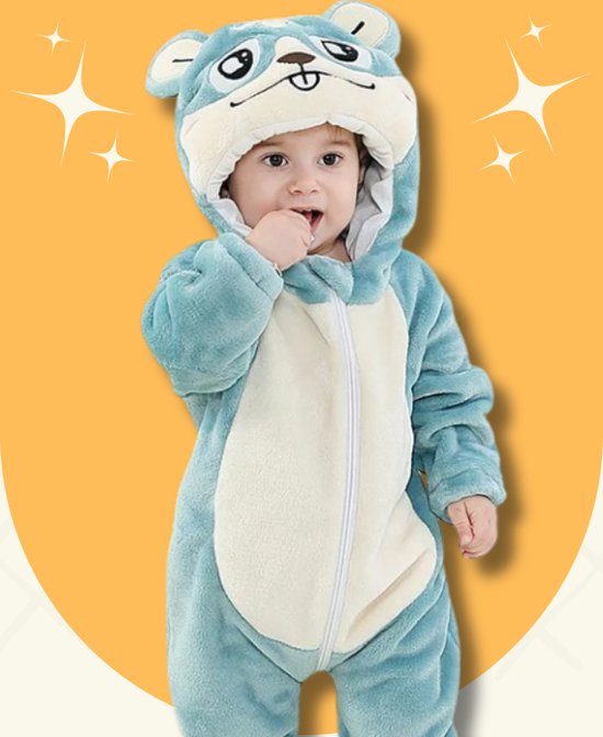 BoefieBoef Eekhoorn Blauw Dieren Onesie & Pyjama voor Baby & Dreumes en Peuter tm 18 maanden - Kinder Verkleedkleding - Dieren Kostuum Pak - Turquoise Wit