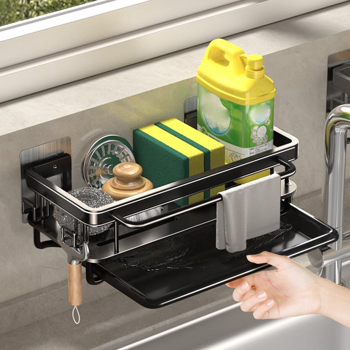 Goedkoopste Spoelbak-organizer, keukenorganizer, wandmontage, sponshouder, keuken, spoeldoekhouder, hangend, voor keuken en badkamer