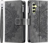 Étui de téléphone adapté pour Samsung Galaxy A35 - Portefeuille avec fermeture éclair - Book Case Cover - Espace pour 8 cartes - mandala gris