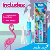 Brosse - Bébé | KidzSonic | Brosse à dents électrique (à partir de 3 ans) | Lumière disco | Minuterie et Pulse | Flamant rose | Bleu clair | Incl. 2 têtes de brosse et batterie