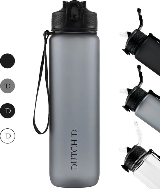 Dutch'D ® - DEAL! Set van 2 stuks - 1 liter Drinkfles - Drinkfles met rietje - Waterfles - Grijs - Drinkfles Volwassenen - Lek Vrij - Cadeau voor haar/hem - Verschillende Drinkflessen en waterflessen - Drinkbeker - Sportfles - Drinkbus
