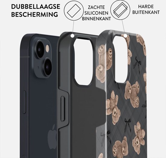 Telefoonhoesje met een patroon van bruine teddyberen en zwarte strikjes op een grijs ruitje.