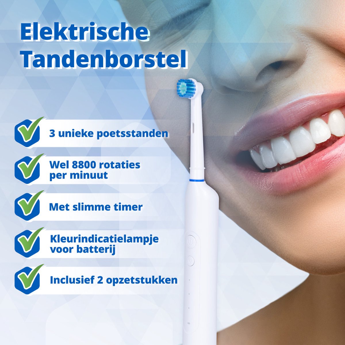 Afbeelding 2 van Elektrische Tandenborstel met 2x Opzetborstels - Tandenborstel Elektrische - 3 Modi - 8800 Rotaties - Opzetborstels 2x - Wit - Optismile