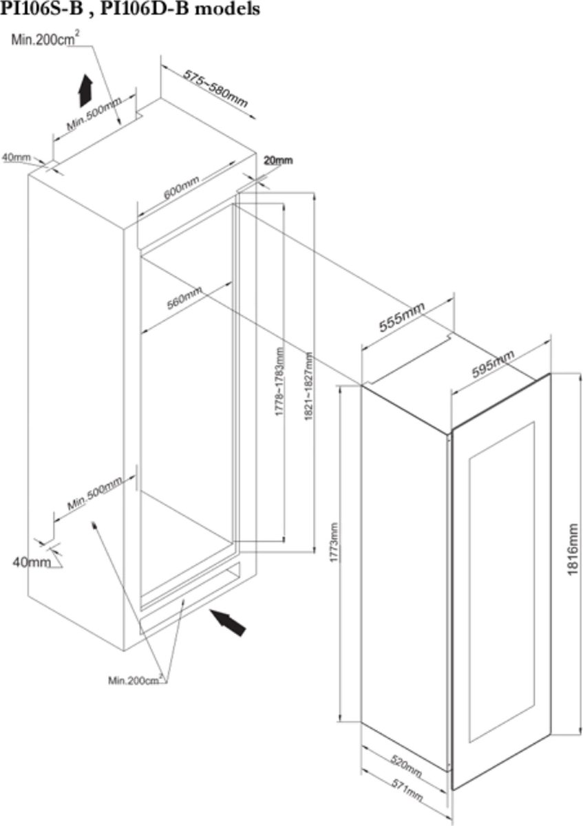 Bol.com Pevino Majestic 107 flessen - 1 zone - front met zwart glas - Integreerbaar aanbieding