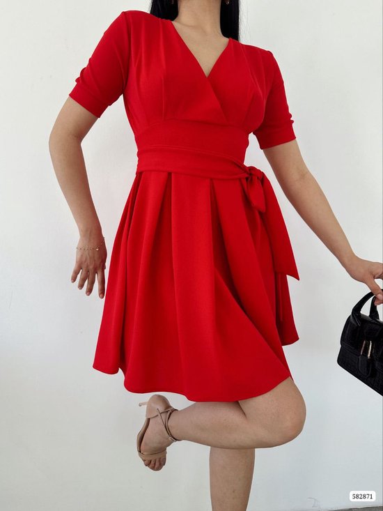 Robe avec ceinture et manches longues | Rouge