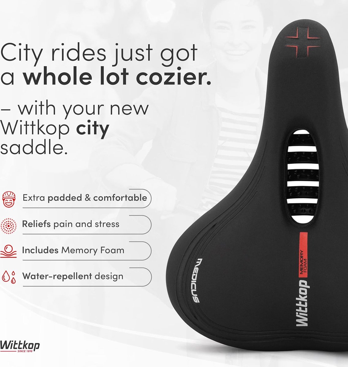 Fietszitje voor stadsfietsen, fietszadel voor dames en heren, waterdicht fietszadel met innovatief 5-zone-concept en gelpad, fietszadel