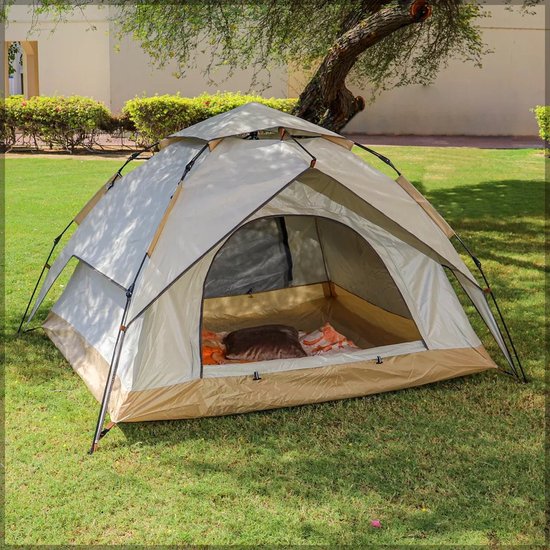 Tente de camping automatique, tente pop-up pour 3 à 4 personnes, 2 en 1, tente de camping et tonnelle/protection solaire, double paroi, imperméable, coupe-vent, haubans fluorescents, piquets renforcés Tente de camping automatique, tente pop-up pour 3 à 4 personnes, 2 en 1, tente de camping et tonnelle/protection solaire, double paroi, imperméable, coupe-vent, haubans fluorescents, piquets renforcés