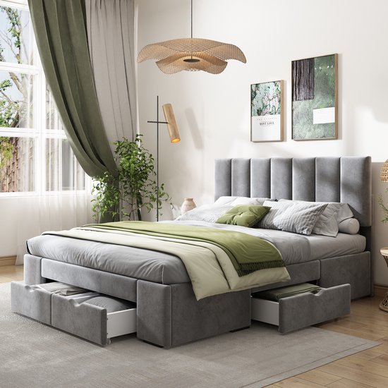 Sweiko Lit Rembourré Velours 140x200 Cm – Tête De Lit 8 Cm, Sommier à Lattes Bois, Cadre Acier, Rangement 17 Cm Sous Le Lit – Gris, Montage Facile