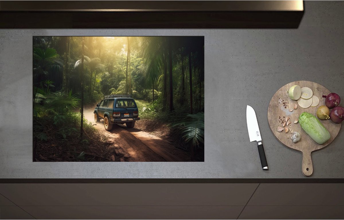 Inductieplaat Beschermer - Blauwe Truck rijdend door Wegen in de Jungle - 75x55 cm - 2 mm Dik - Inductie Beschermer - Bescherming Inductiekookplaat - Kookplaat Beschermer van Zwart Vinyl