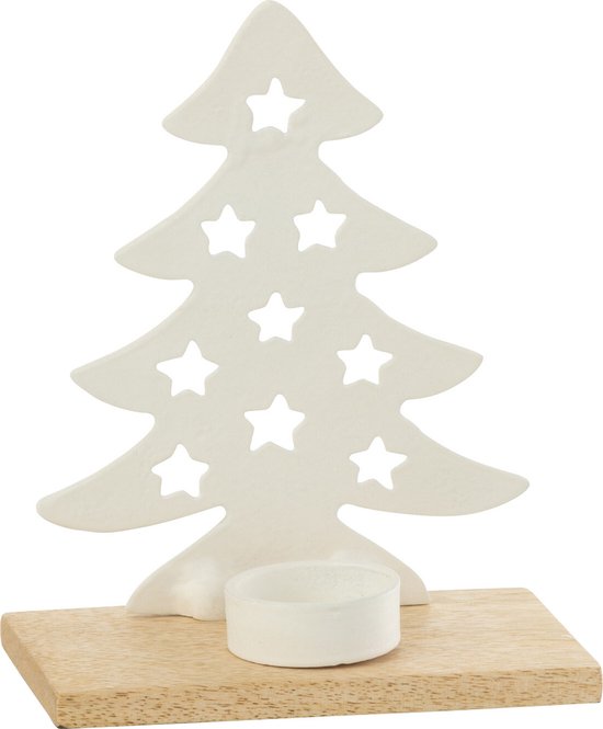 J-Line kaarshouder - theelichthouder Kerstboom - aluminium/hout - wit - small - 2 stuks