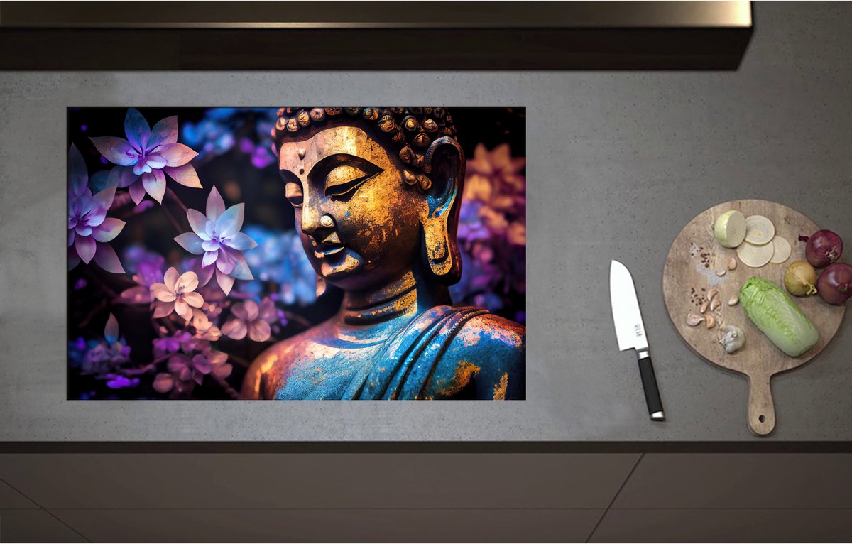 Inductieplaat Beschermer - Boeddha voor Struik vol Paarse Lelies - 80x52 cm - 2 mm Dik - Inductie Beschermer - Bescherming Inductiekookplaat - Kookplaat Beschermer van Wit Vinyl