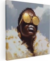 Artaza Canvas Schilderij Vrouw met Gouden Zonnebril en een Bontjas - 30x30 - Klein - Foto Op Canvas - Canvas Print
