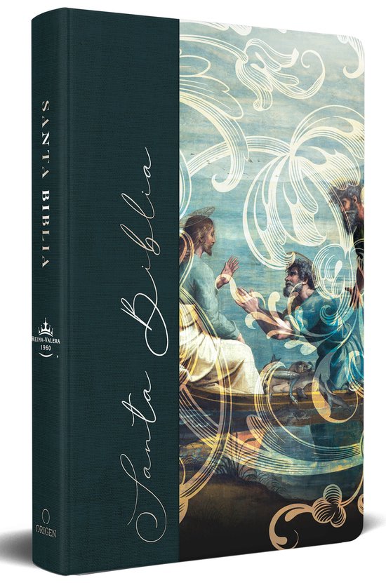 Bible grand format, reliure en tissu vert foncé, avec 'Santa Biblia' en lettres calligraphiées et une illustration de l'appel de Pierre.