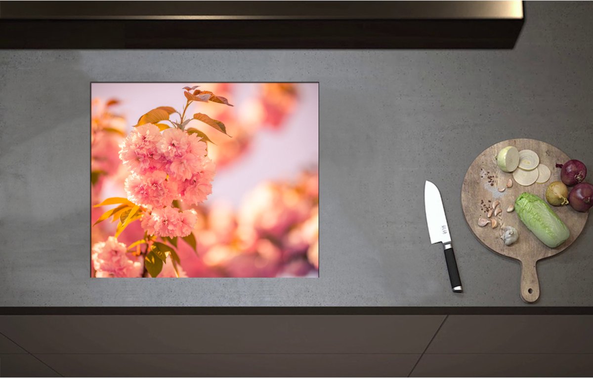 Inductieplaat Beschermer - Bloeiende Roze Bloesem Bloemen op Mooie Lentedag - 58x50 cm - 2 mm Dik - Inductie Beschermer - Bescherming Inductiekookplaat - Kookplaat Beschermer van Zwart Vinyl