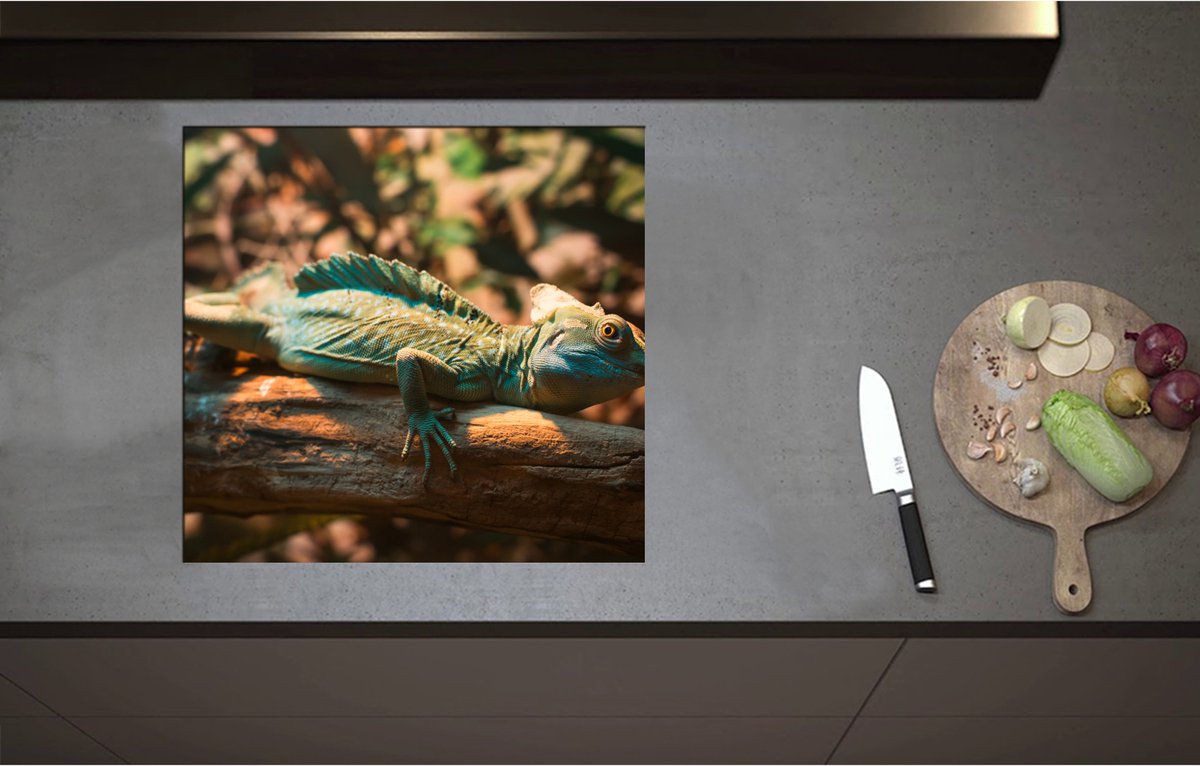 Inductieplaat Beschermer - Blauw-Groene Kameleon Liggend op Houten Boomstam - 58x55 cm - 2 mm Dik - Inductie Beschermer - Bescherming Inductiekookplaat - Kookplaat Beschermer van Wit Vinyl