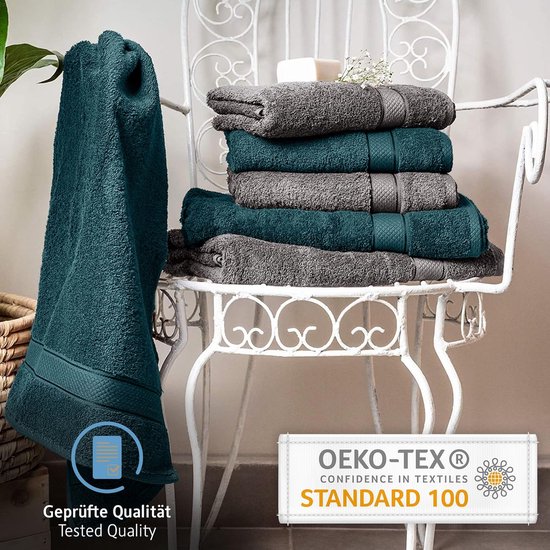 8-delige handdoekenset van 100% katoen, 4 badhanddoeken 70x140 en 4 handdoeken 50x100 cm, zachte badstof, groot, antracietgrijs/petrol