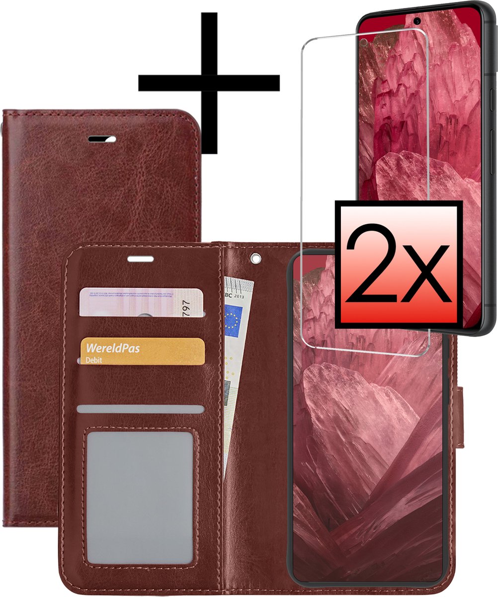 Hoesje - Met 2x Screenprotector - Geschikt voor Google Pixel 8a - Luxe Pasjeshouder - Bookcase Portemonee - Flip Case - Kunstleer Book Case - Flipcase Hoes - Book Cover - Walletcase - Portemonneehoes - Bruin