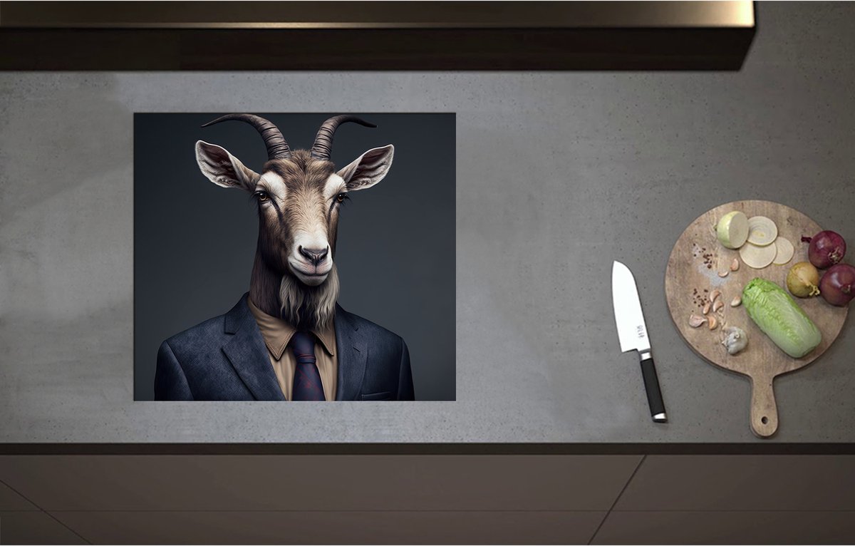 Inductieplaat Beschermer - Bok met Sik en Horens in Zakelijk Pak met Stropdas - 57x51 cm - 2 mm Dik - Inductie Beschermer - Bescherming Inductiekookplaat - Kookplaat Beschermer van Wit Vinyl