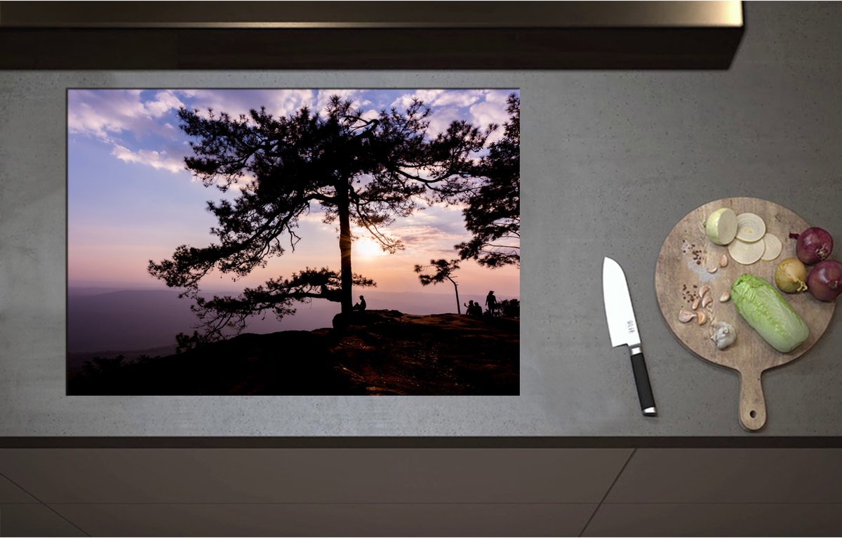 Inductieplaat Beschermer - Boom met Paarse Zonsondergang - 80x55 cm - 2 mm Dik - Inductie Beschermer - Bescherming Inductiekookplaat - Kookplaat Beschermer van Zwart Vinyl