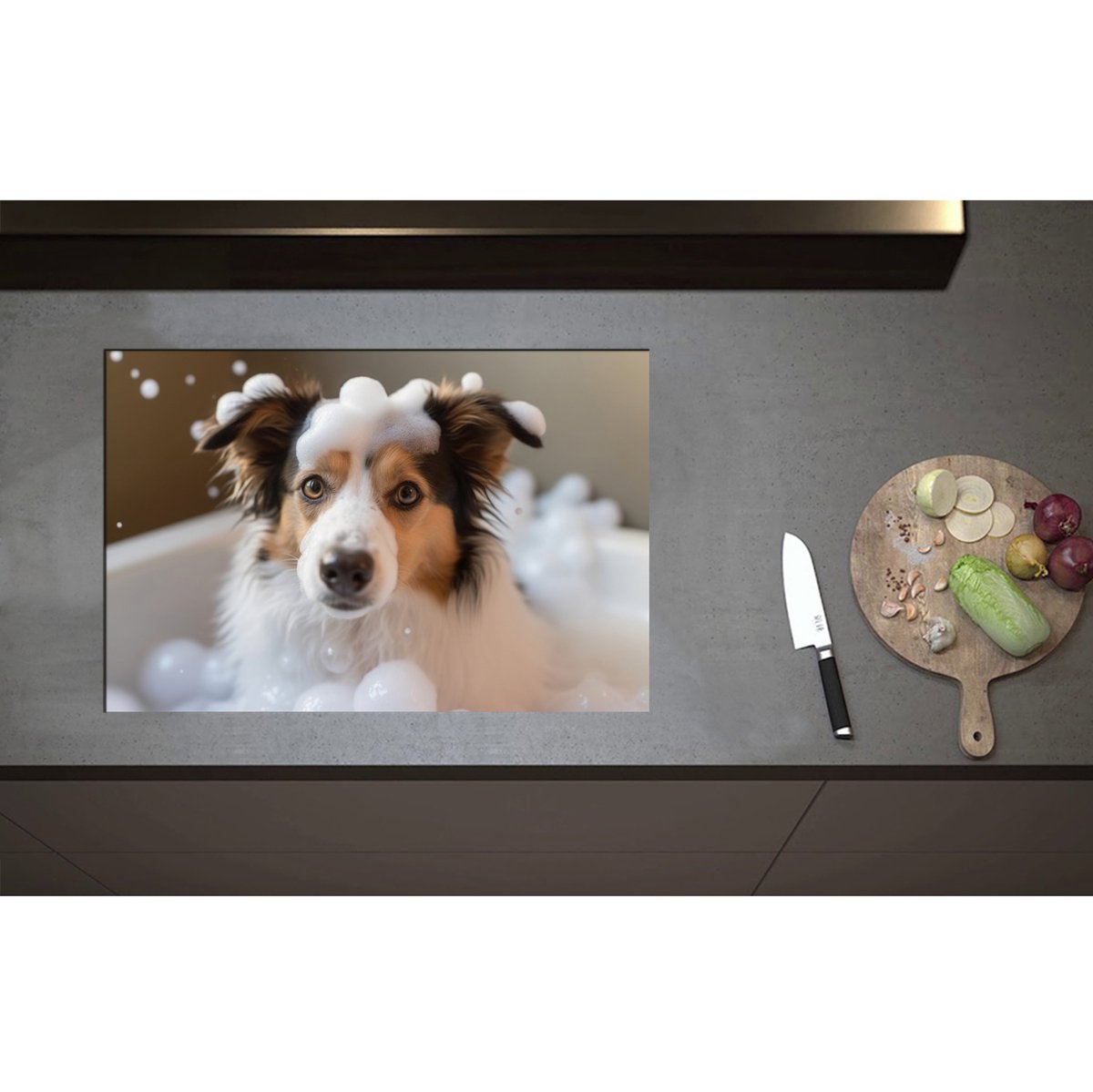 Inductieplaat Beschermer - Border collie hond in bad met zeepbubbels - 75x50 cm - 2 mm Dik - Inductie Beschermer - Bescherming Inductiekookplaat - Kookplaat Beschermer van Wit Vinyl