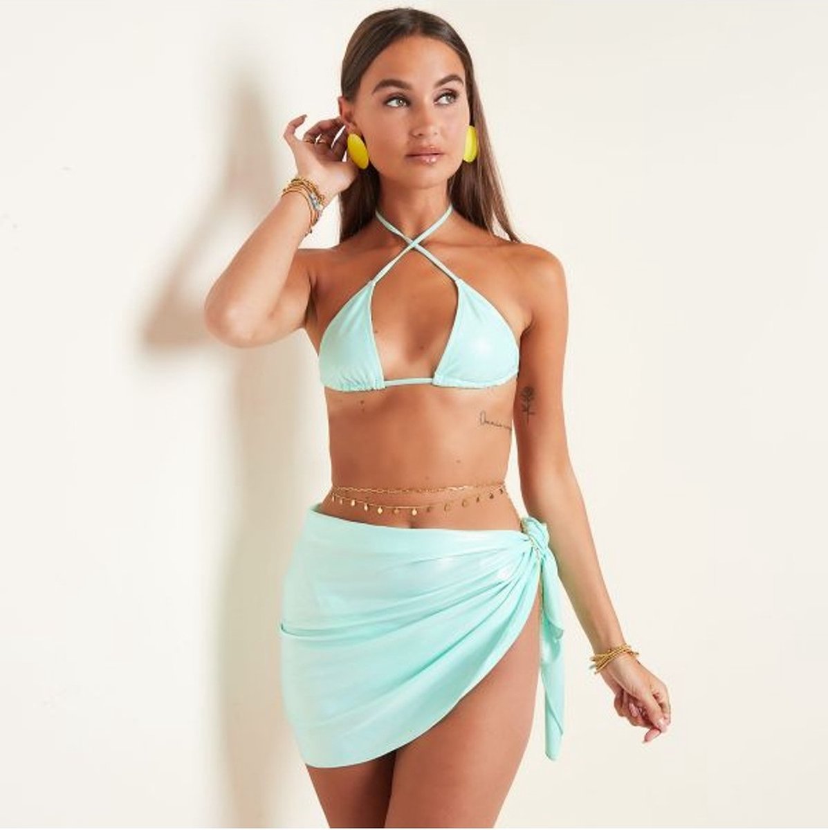 Mint Metallic Dames Bikini & Cover - Dames Bikini's & Bijpassende Cover - Bikini set - Maat L - Mint