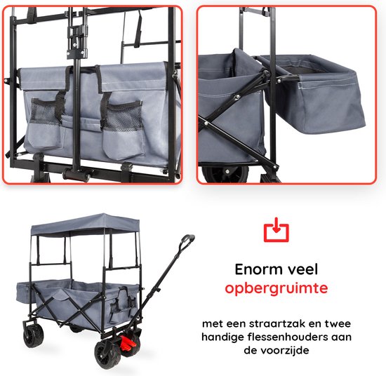 EASTWALL Bolderkar - Opvouwbare Handkar met Dak - 115 x 63 x 110 cm - Transportkar - Tot 80 kg - Verstelbare duw- en trekhandgreep - Inclusief Transparante Regenhoes met Ritssluitingen - Afneembaar Dak - Zwart/Grijs van EASTWALL — afbeelding 5