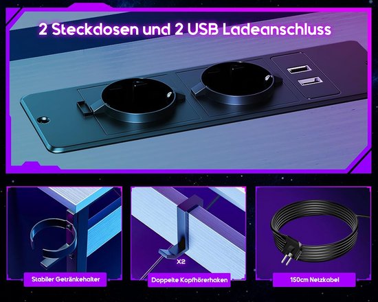 HLFURNIEU LED Gamingtafel 160 x 60 cm, Computertafel
