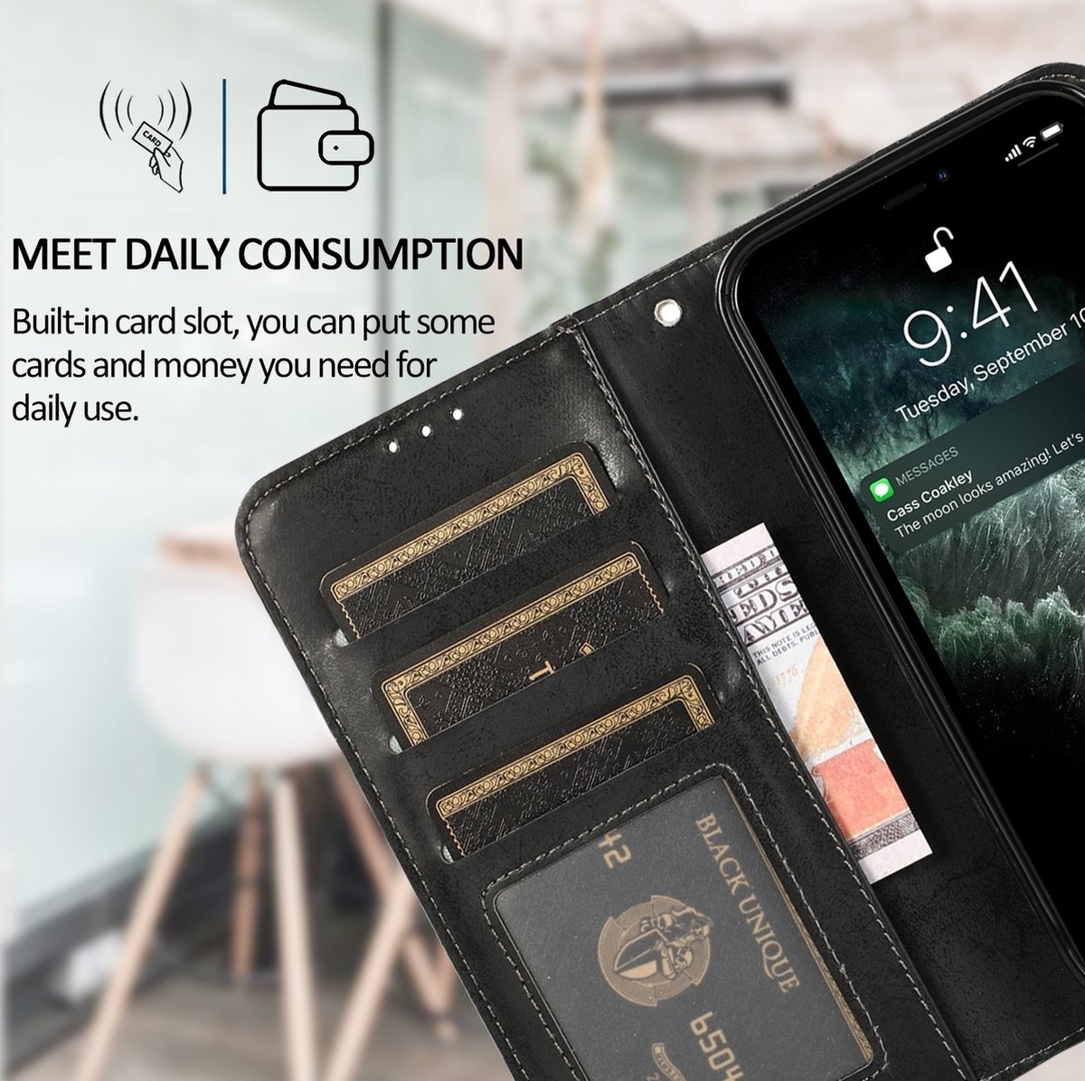 Mobigear Telefoonhoesje geschikt voor Apple iPhone 15 Hoesje | Mobigear Wallet Uitneembare 2in1 Bookcase Portemonnee | Pasjeshouder voor 3 Pasjes | Telefoonhoesje voor Pinpas / OV Kaart / Rijbewijs - Zwart