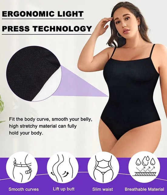 Zwarte body met ergonomische pers technologie voor het gladmaken van de buik en het vormen van de lichaamscurve. Met gladde rondingen, lift de billen, slanke taille en ademend materiaal.