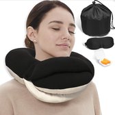 Reiskussen voor vliegtuigen, 360° neksteun, slapen essentials voor lange vluchten, kit met 3D contouroogmasker, oordopjes en opbergtas (groot, zwart)